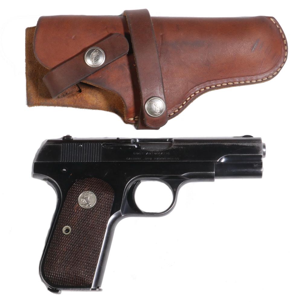 COLT HAMMERLESS .380 POCKET PISTOL WITH HOLSTER: Colt Model M1908 Hammerless Automatic, .380 cal. ACP, Type III, s/n 36197, year of manufacture 1910. 80% bluing. Professionally taken down and cleaned a year ago. Includes brown leather 'Hunter' brand