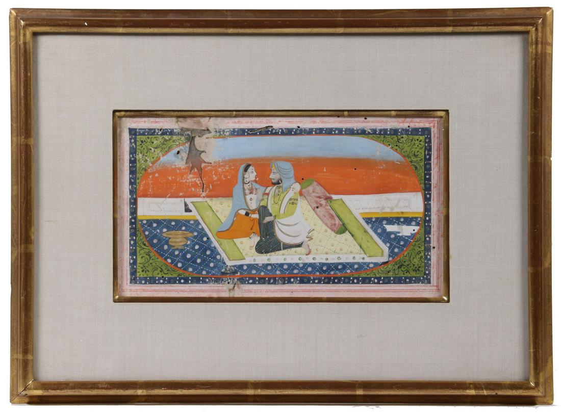 17TH C. INDIAN PAINTING: Lovers Afloat in a World of Stars, gouache on paper, housed in a water gilt molded frame with dimensional silk mat having a gilt lip, OS: 11 1/4" x 15 1/2", SS: 5 1/8" x 9 1/4". Losses upper left and