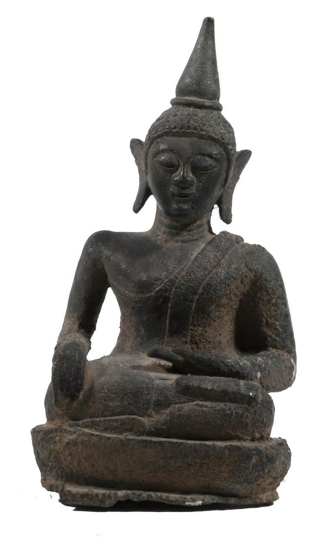 14TH-15TH C. THAI AYUTTHAYA VERDIGRIS BRONZE BUDDHA: A bronze seated figure of Buddha Statue Thailand, Ayutthaya period, 15th-16th century (early Ming dynasty period). This Buddha is seated on a pedestal in the cross-legged yogic posture of satvaparyank