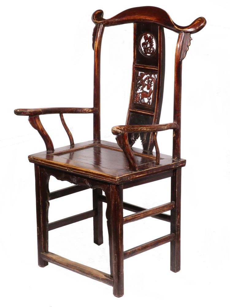 CHINESE YOKE BACK ARMCHAIR: Qing Dynasty Hardwood Yoke Back Armchair, 18th - 19th c., with nicely formed ox yoke form top rail, backsplat with carved openwork Chinese character and deer decoration, paneled seat, side and back st
