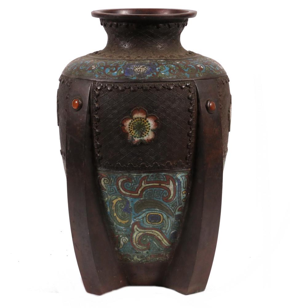 CHINESE CLOISONNE BRONZE VASE: Large Archaic Form Chinese Champleve Bronze Vase, in ovoid form with high squared shoulder, concave flared neck, small flat rim, four rectilinear buttresses with carnelian cabochon mounts, the chample