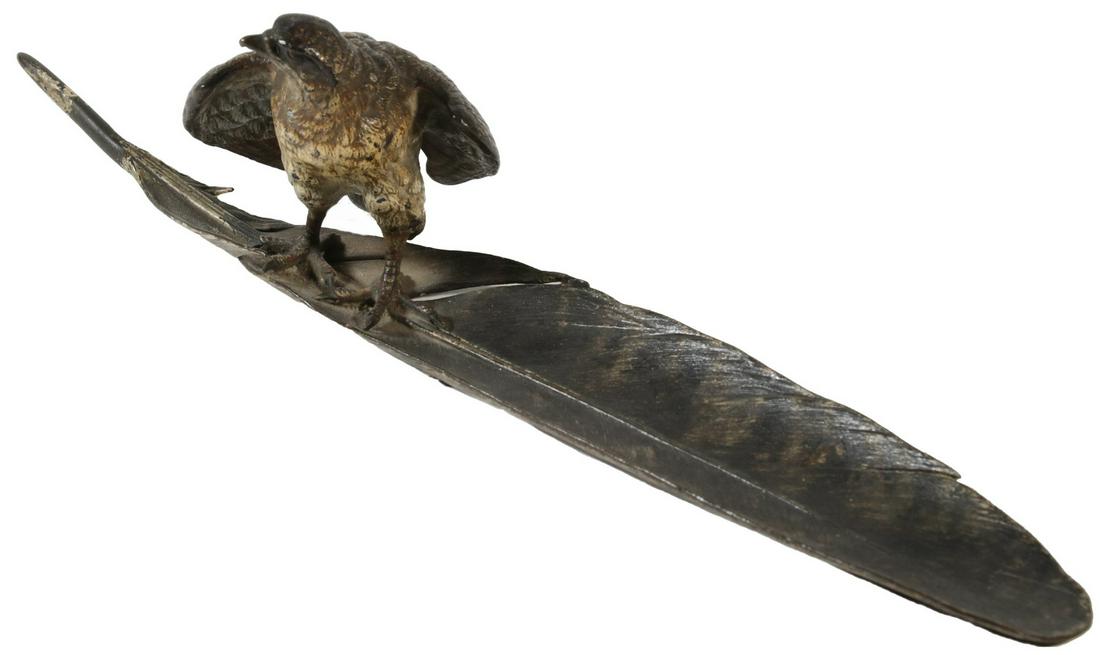 COLD PAINTED BRONZE FIGURAL PEN TRAY: Vintage Austrian Cold Painted Bronze Pen Tray, in the form of a hawk resting on a large feather, 3 1/2" high, 13" x 2 1/2". Minor paint loss to feather stem. Provenance: From the Estate of Rosemarie W