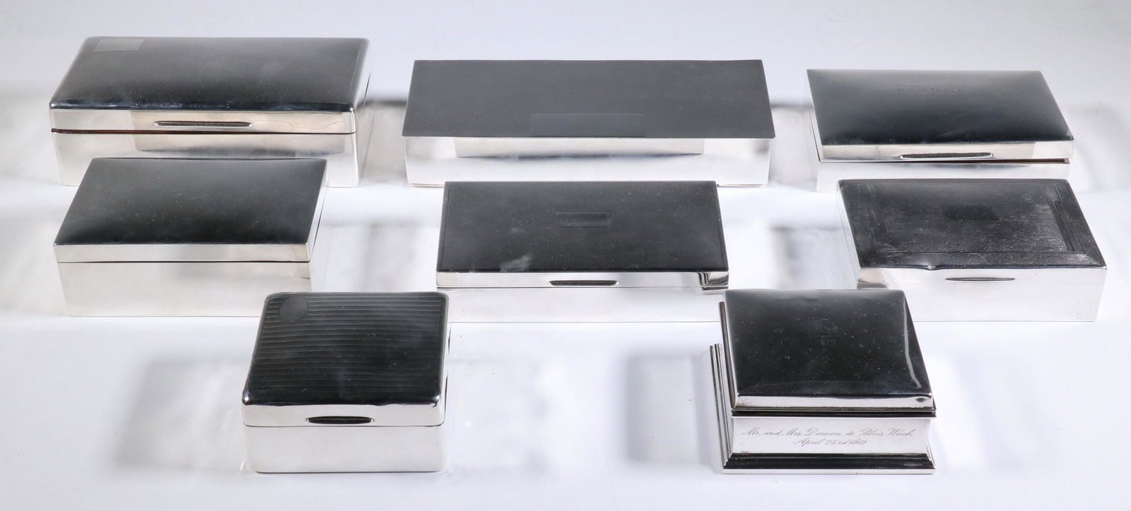(8) STERLING SILVER BOXES: Collection of (8) Assorted Sterling Silver Boxes, mostly English, all wood lined, incl: Rectangular box by Mappin & Webb, Birmingham 1966, with engine turned lid, no monogram, 1 1/2" high, 8 3/8" x 3