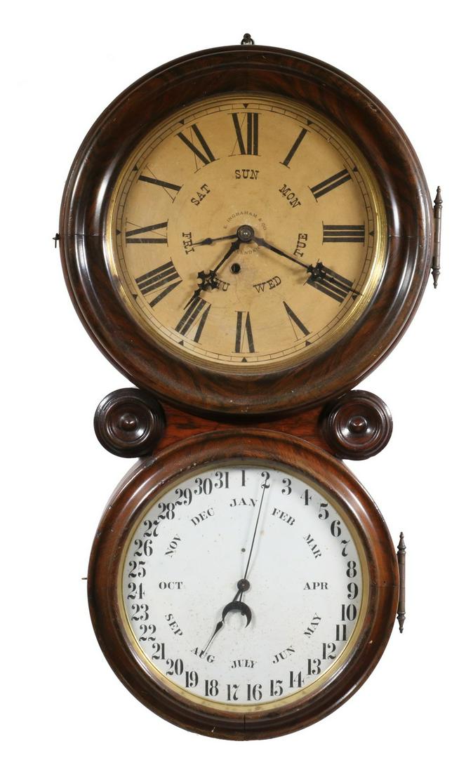 INGRAHAM IONIC CALENDAR WALL CLOCK: Circa 1885 Double Dial Wall Clock by E. Ingraham & Co., Bristol, CT, eight-day time only spring driven movement with B.B. Lewis lower calendar brass mechanism, paper dials, grain painted faux rosewood