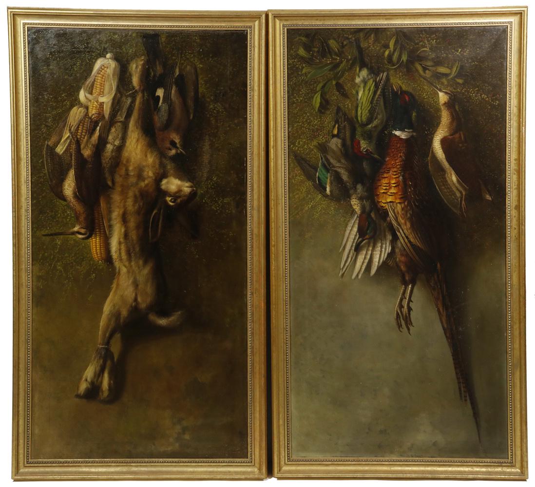 PR VICTORIAN GAME PAINTINGS: Pair of Hanging Game Paintings, oil on canvas, illegibly signed and dated, one depicting a rabbit with game birds and corn, the other of pheasant with game birds, in gold metal leaf cove shaped frame 
