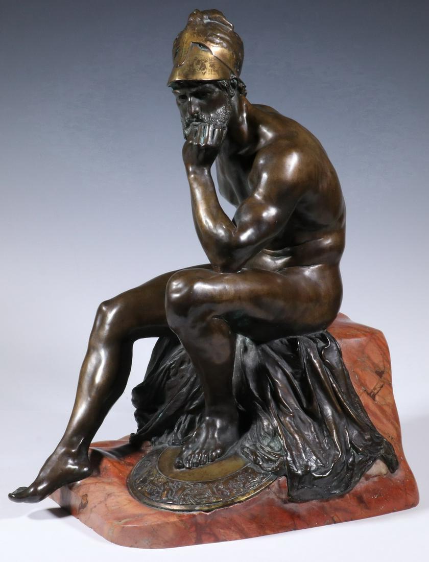 WILHELM WANDSCHNEIDER (GERMANY, 1866-1942): Pericles Seated, parcel gilt bronze sculpture on rosso antico marble base, signed 'Wandschneider' to right side of his robe, with foundry mark for H. (Hermann) Noack, Friedenau, sculpture depicts a co