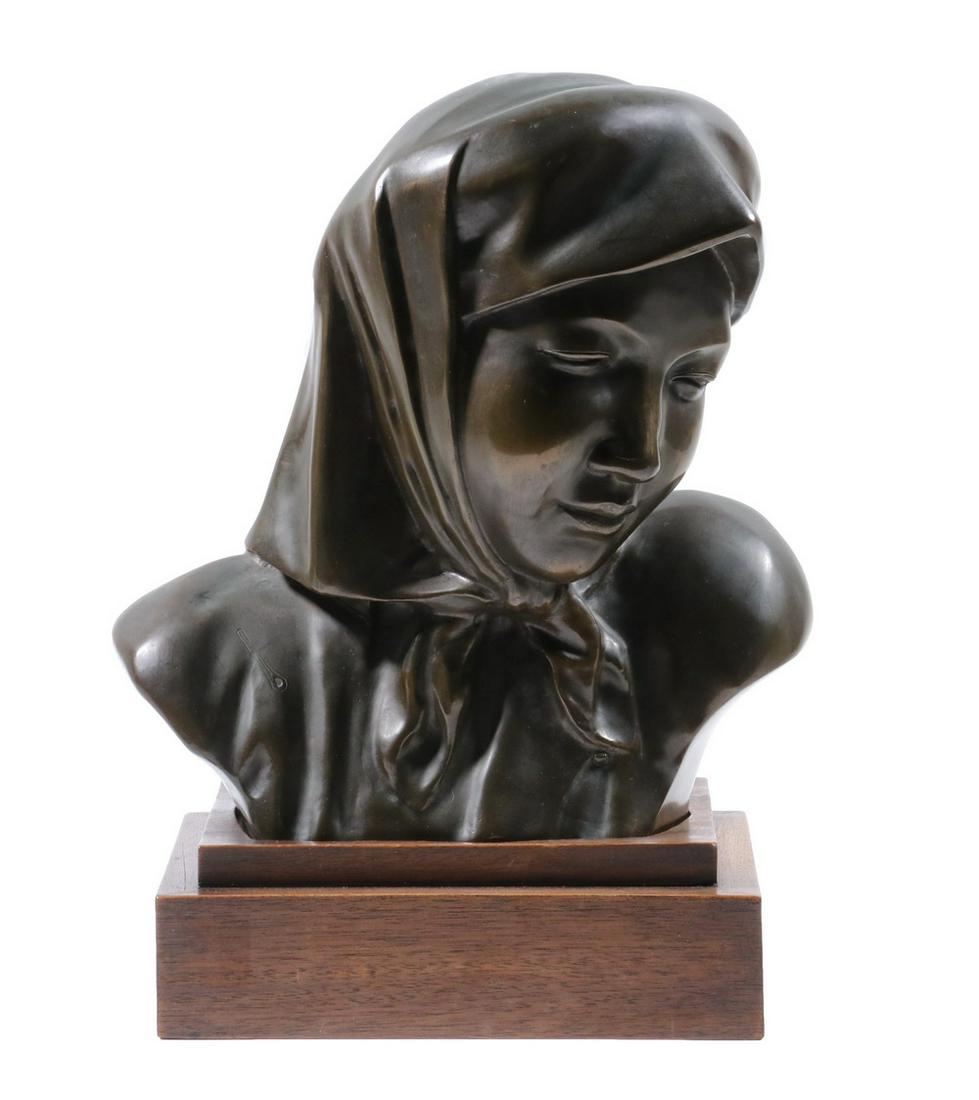 BRONZE OF YOUNG ASIAN WOMAN: Bust of Asian Girl Wearing a Headscarf, sand cast bronze, unsigned, circa 1930s, marked at base edge 'Made in French Indochina', set on a stepped wooden base with mitered corners, 13 1/2" high, 10" x 