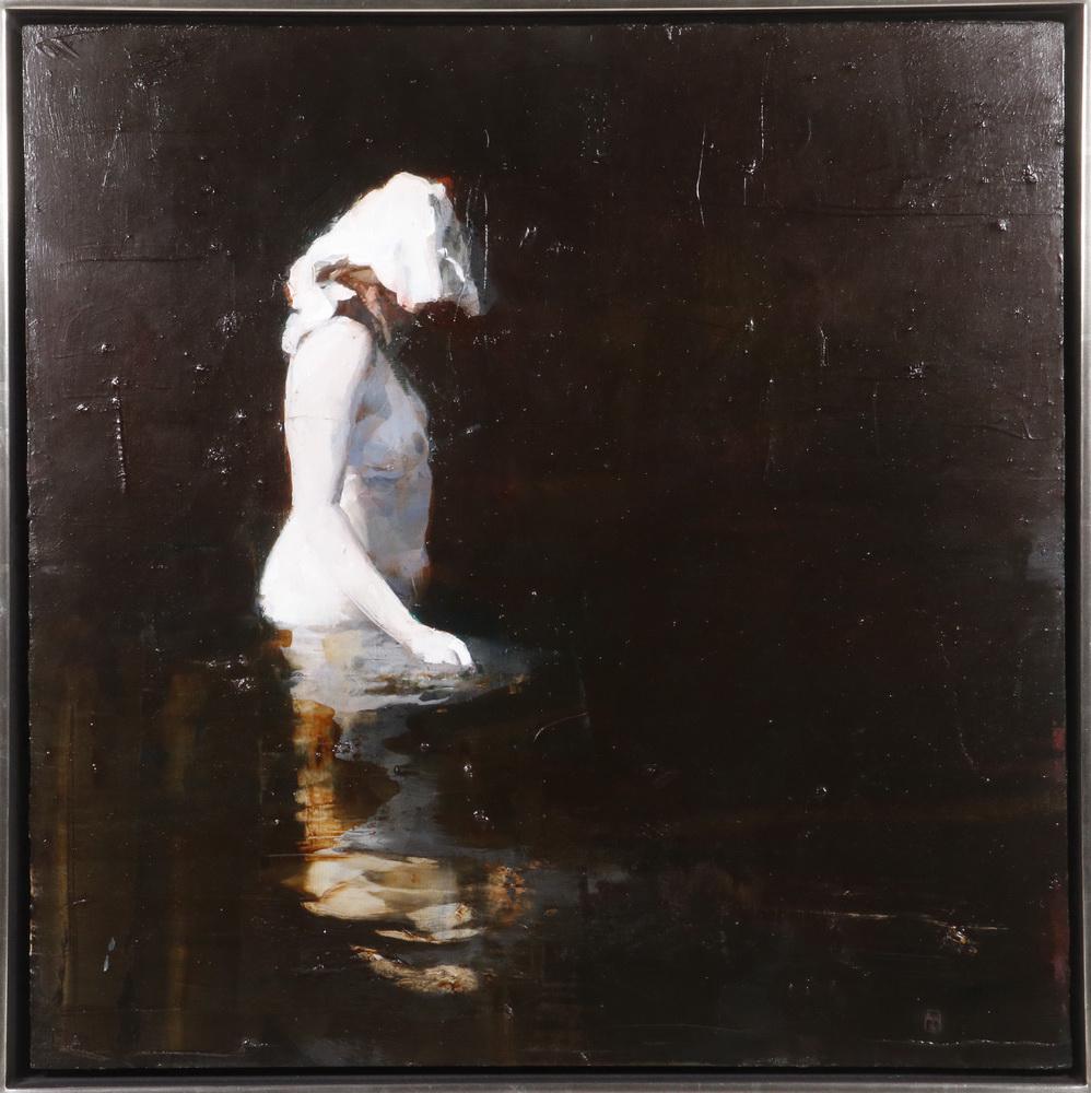 ALEX KANEVSKY (RUSSIAN FEDERATION, 1963 - ): "J.W.3, 2016", an Expressionist study of a standing nude woman, oil on birch panel, initialed and dated lower center; signed, titled and dated in pencil verso, also titled and dated on label verso fro