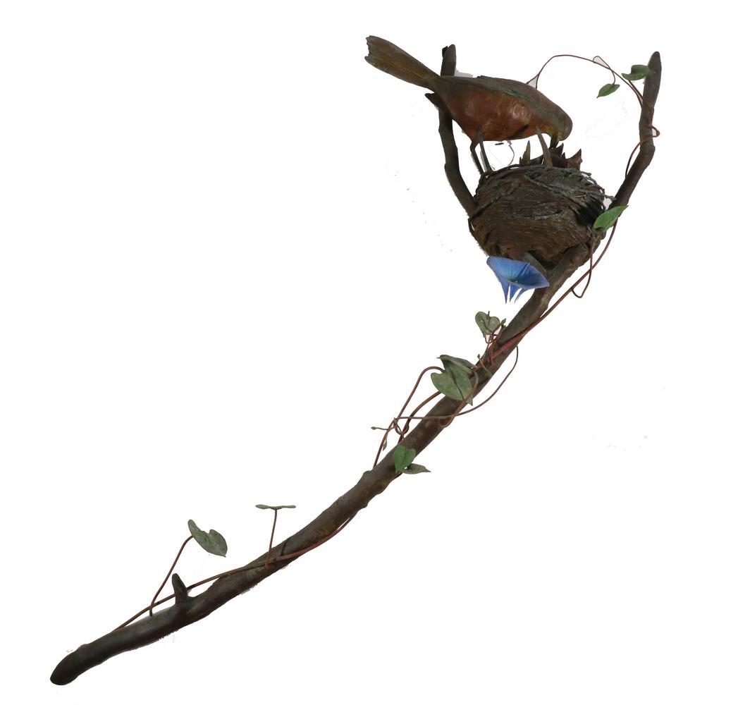 ANDRE (WILLIAM ANDRE) HARVEY (DE/FL/FRANCE, 1941-2018): "Morning Glory", bronze wall sculpture, signed on branch and dated 1999, Laran Bronze Foundry, limited edition of 60, depicting a robin's nest with mother bird feeding her brood, nest is on a branch w