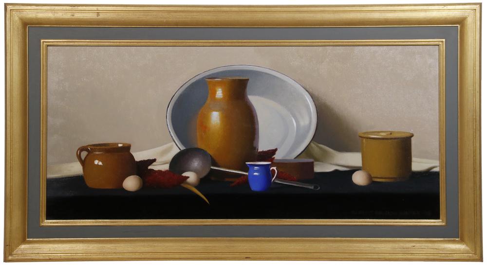 ROBERT DOUGLAS HUNTER (MA, 1928-2014): "Large Still Life with a Small Blue Creamer", Dutch Style Tabletop Still Life, oil on canvas, signed lower right and dated '98, titled verso, in gilt ribbed frame with grey painted panel, OS: 26" X 48