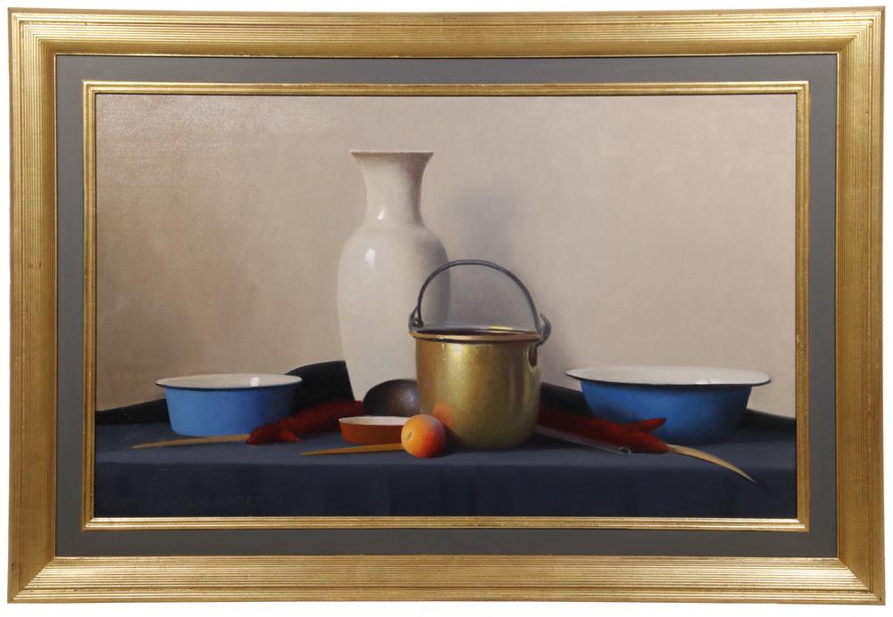 ROBERT DOUGLAS HUNTER (MA, 1928-2014): "Brass and Blue", Dutch Style Tabletop Still Life, oil on canvas, signed lower left and dated '01, titled verso, in gilt ribbed frame with grey panel, OS: 29 1/2" x 43 1/2", SS: 21 1./2" x 35 1/2". Fi