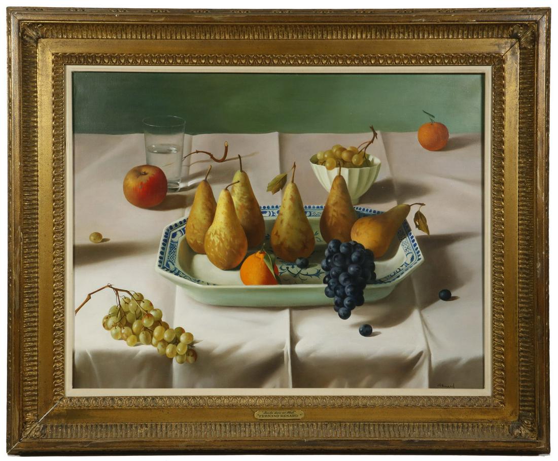 FERNAND RENARD (FRANCE, 1912-1990): Still Life with Pears, Grapes and Apples, oil on canvas, signed lower right, in carved matched corner gold frame with linen liner, OS: 27" x 33", SS: 19" x 25". Good condition.