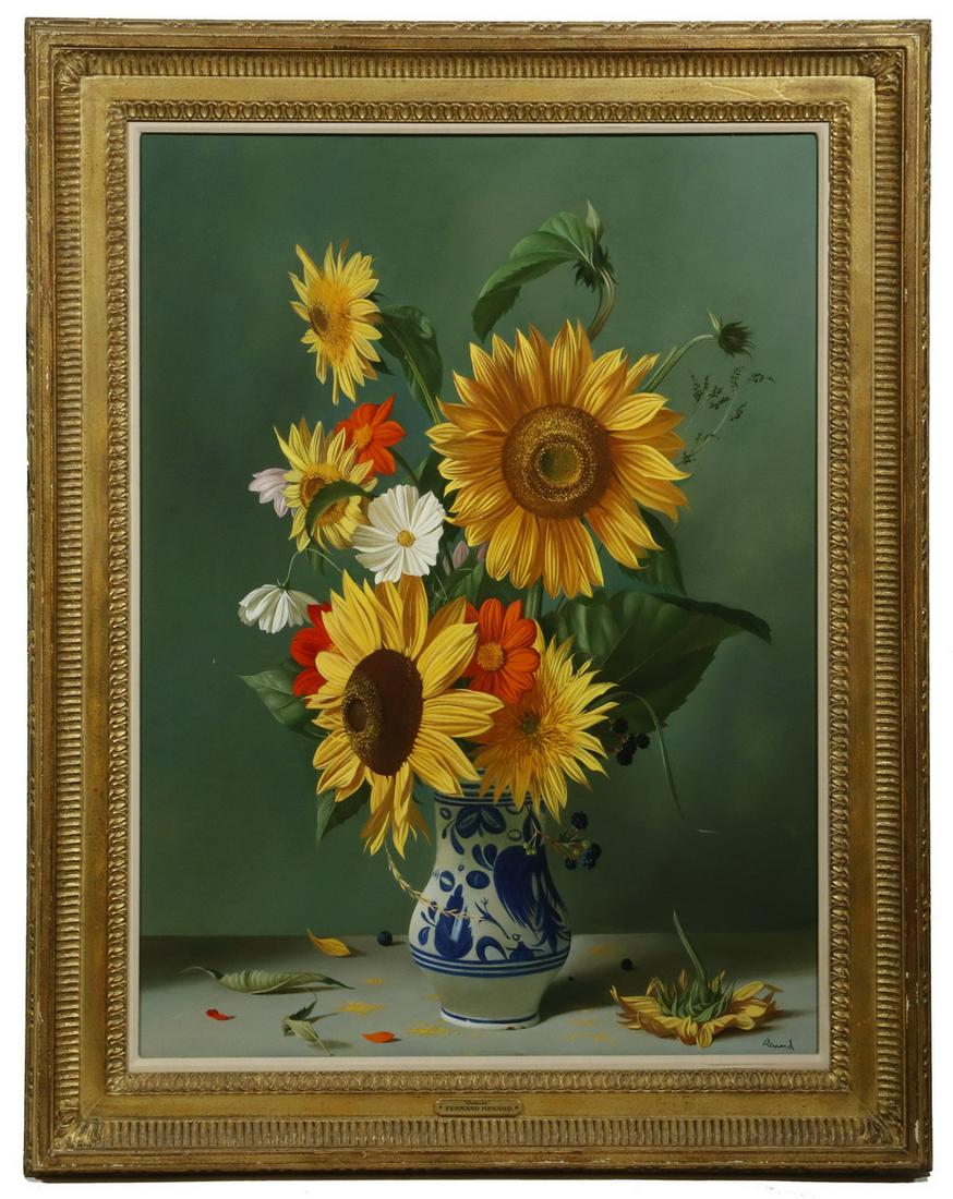 FERNAND RENARD (FRANCE, 1912-1990): Still Life of Sunflowers in a Delft Jug, oil on canvas, signed lower right, in gold carved frame with linen liner, OS: 39" x 30 1/2", SS: 31 1/2" x 23". Good condition.