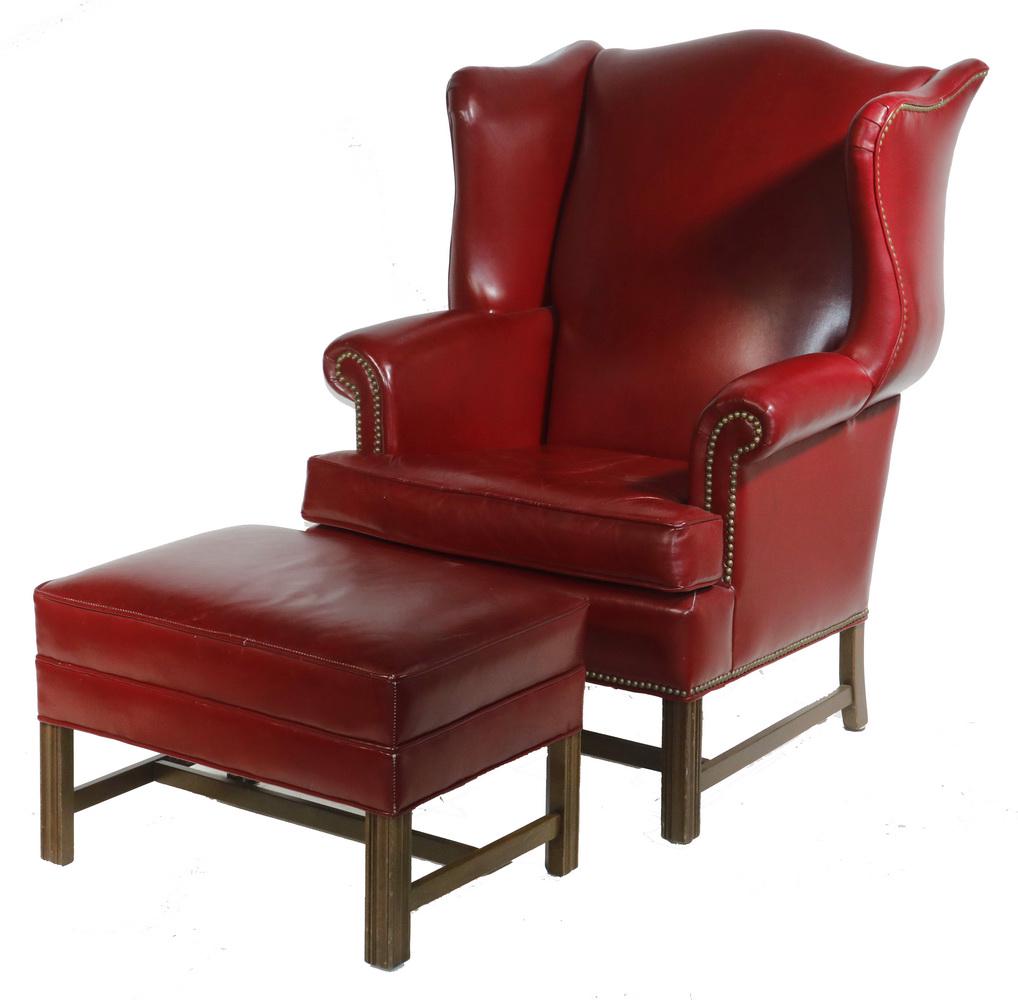 For Auction ETHAN ALLEN LEATHER WING BACK CHAIR & OTTOMAN SET (2115