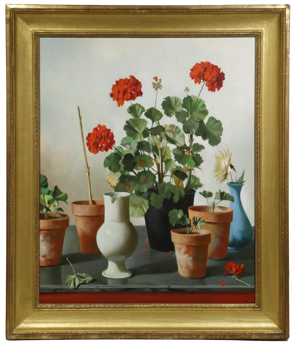 FERNAND RENARD (FRANCE, 1912-1990): Still Life with Geraniums, oil on canvas, signed lower right, in a large gilt cove frame, OS: 38" x 32", SS: 30 3/4" x 24 3/4". Good condition.