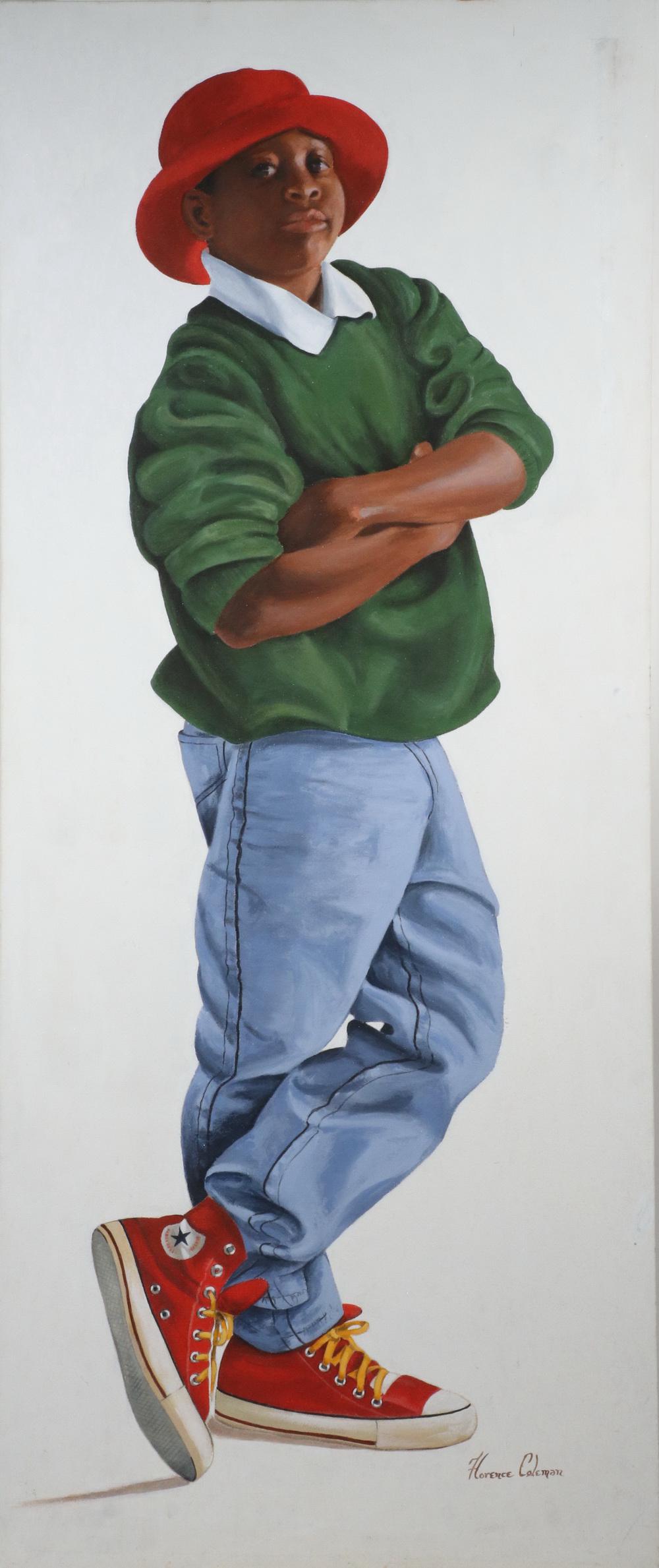 FLORENCE COLEMAN (US, 1889-1980): "Young Boy with Red Sneakers", acrylic on canvas, signed lower right, titled on label verso on label from The Society of the Four Arts Contemporary Exhibition, 1997, giving Del Ray, Florida as the art