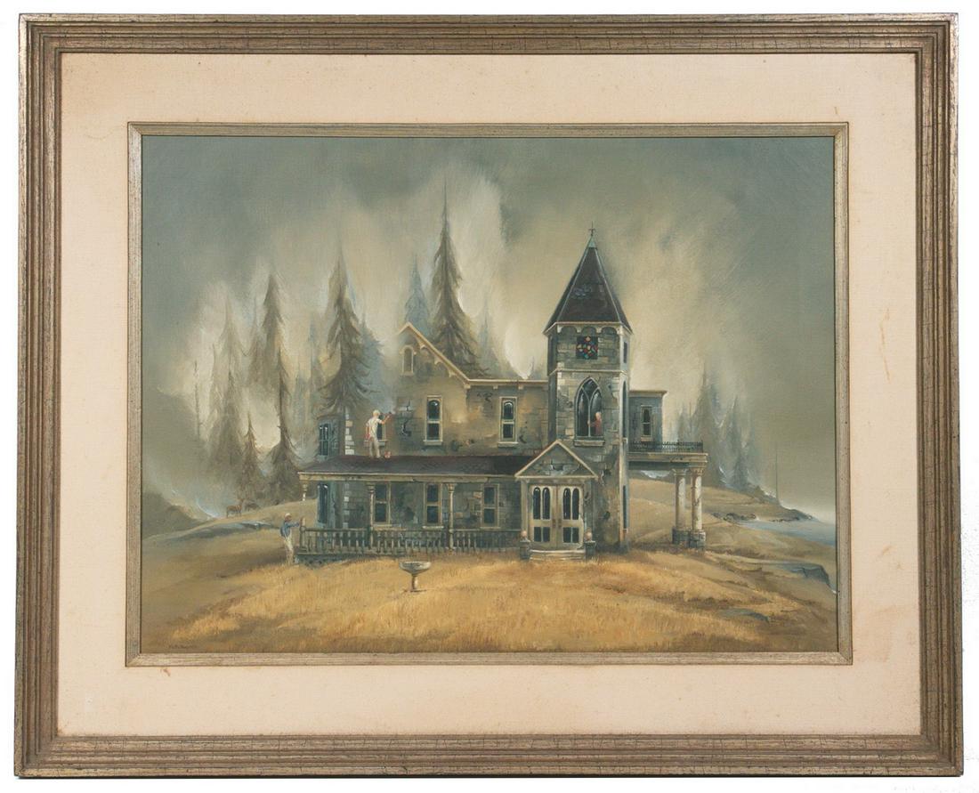 RUTH RAY (CT/NY, 1919-1977): "Restoration II", oil on linen, signed lower left and dated 1971, depicting an old stone manse in piney coastal woods, having two men working on the exterior under the watchful eye of an elderly man i