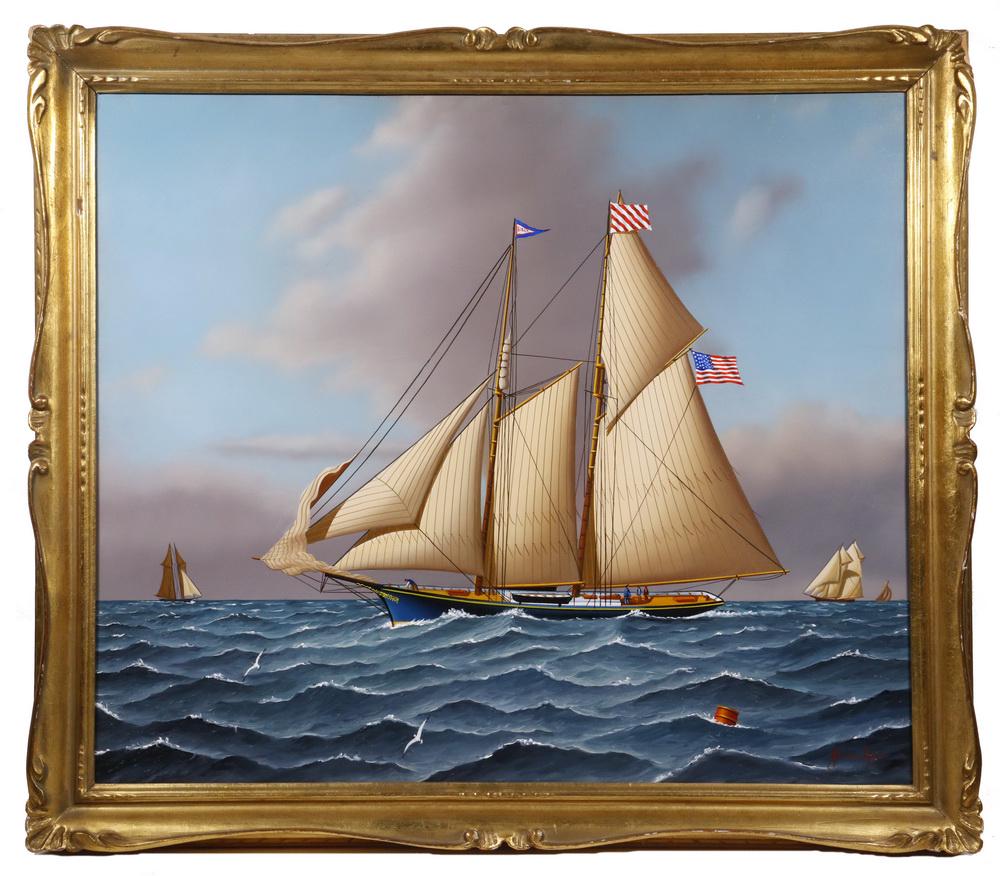 JEROME HOWES (NY/MA/VT, 1955- ): Yacht Siren, oil on panel, signed lower right, depicting a racing yacht with crew on deck amid multiple sailing ships in choppy seas, in a molded wood and gilded frame, OS: 27 1/2" x 31 1/2", SS: 23" 