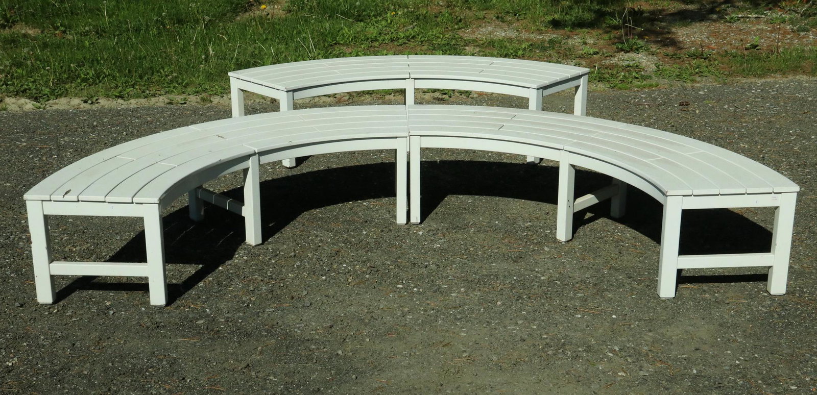 (3) WEATHEREND CURVED GARDEN BENCHES: Set of (3) Curved Patio Benches by Weatherend Estate Furniture (Rockland, ME), in teak with white Yacht finish, each with attached Weatherend plaques, 17" high, 77" x 20". White paint losses.