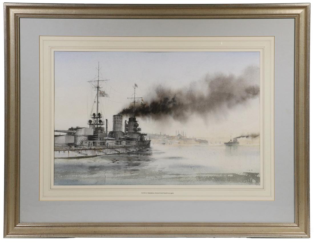 IAN MARSHALL (NY, 1933 - 2016 ): "SMS Goeben, Constantinople, 1914", watercolor on Arches paper, initialed lower right, titled on mat, in silver molded frame, matted and glazed, OS: 23 3/4" x 30 3/4", SS: 13 1/2" x 21". Fine conditio