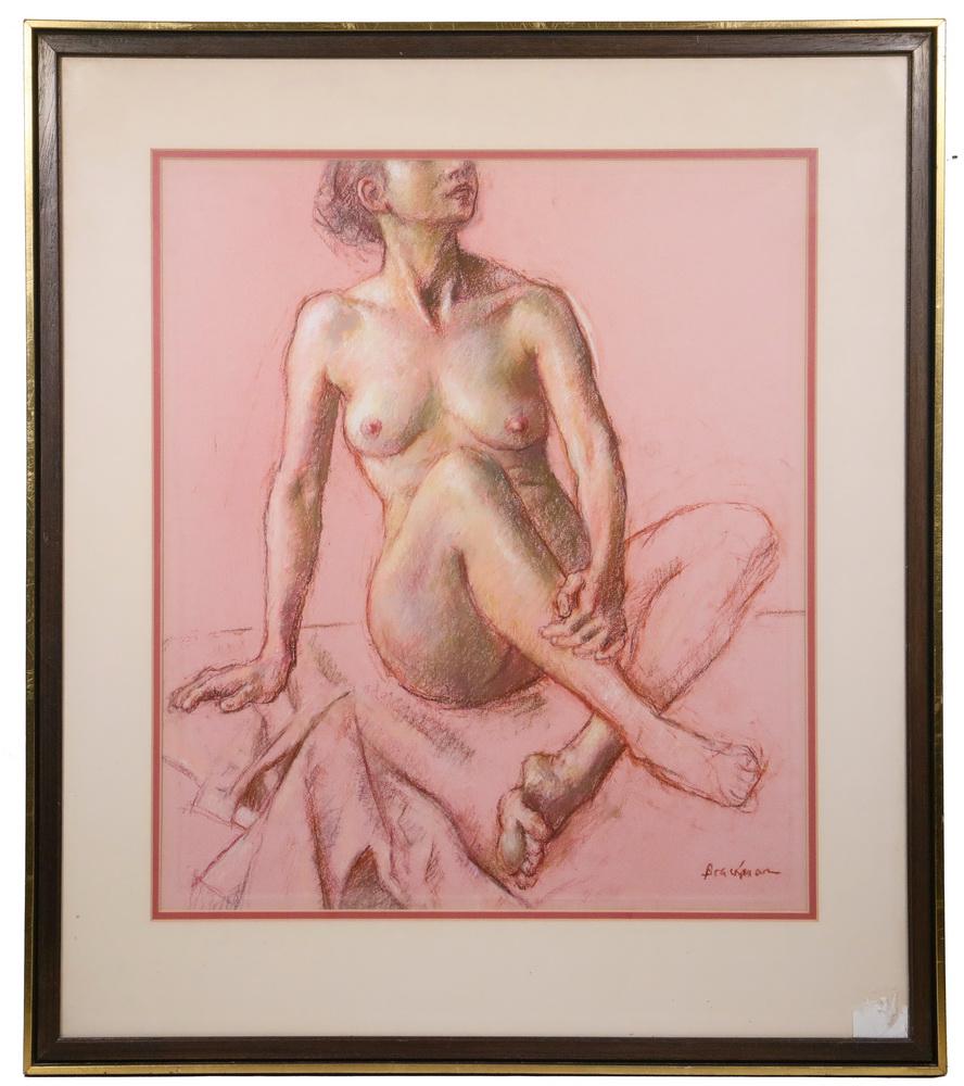 ROBERT BRACKMAN (NY/CT, 1898-1980): Seated Nude Female, pastel and conte crayon on pink paper, signed lower right, label verso from Doyle Gallery in NYC, in walnut box frame with gold edge, matted and glazed, OS: 29 1/4" x 25 1/2", SS: