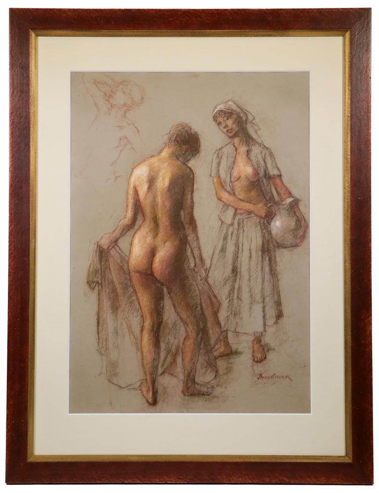ROBERT BRACKMAN (NY/CT, 1898-1980): Preparing the Bath, pastel on grey paper, signed lower right, depicting one woman disrobing while another stands by with a pitcher, a third figure is sketched upper left, housed in a russet painted pa