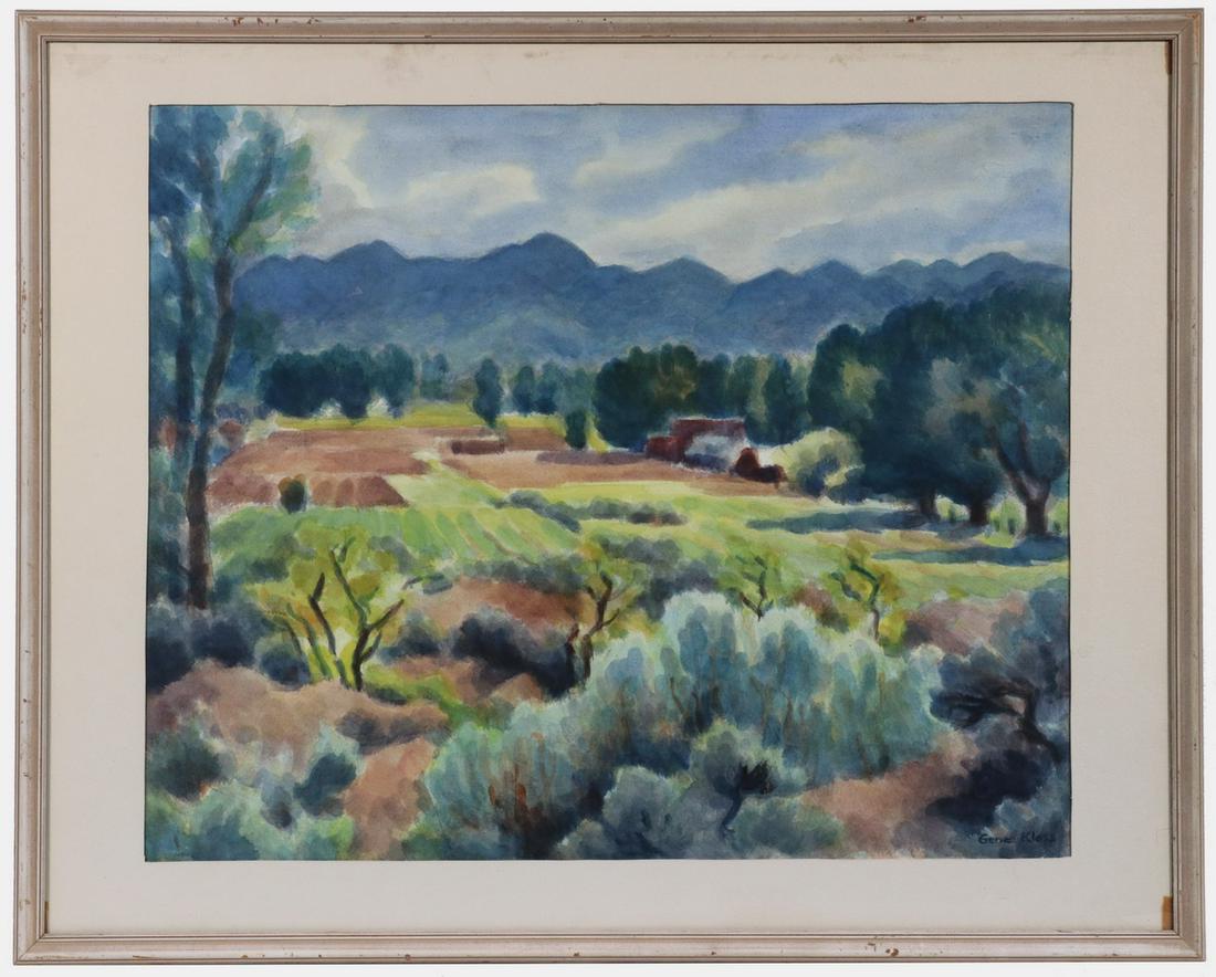 GENE KLOSS (NM/CA, 1903-1996): "Afternoon in May", watercolor on paper, signed lower right, titled verso, in cream painted molded stick frame, matted and glazed, OS: 23" x 29", SS: 18 1/2" x 22 3/4". Good condition.