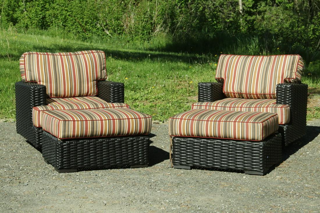 PR SUNWEST WOVEN SWIVEL CHAIRS & OTTOMANS: Pair of Sunwest Rocking Swivel Club Chairs and Matching Ottomans, in walnut resin wicker weave over aluminum frame, with striped cushions in Sunbrella fabric; chairs: 34" high, 35" x 36 1/2", ottomans