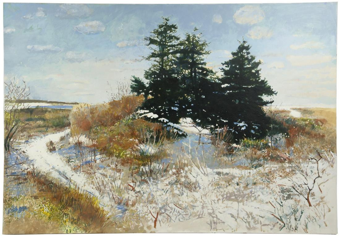 MARK HAGEN (CONTEMPORARY MAINE): "Cape Elizabeth, Late April Snow", monumental oil on masonite, signed, titled and dated 1990 verso, self-framed. 42" h x 60" w. Good condition.