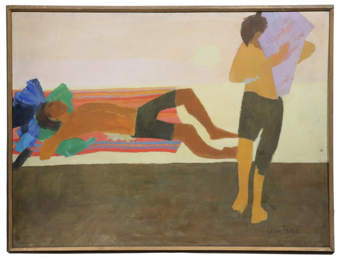 DENNY SONKE WINTERS (NY/CA/ME/MI/MEXICO, 1905-1985): Maine Beach, monumental oil on masonite, signed lower right, unmarked verso, depicting two young men sunbathing, housed in an artist made gold painted mitered box frame, OS: 38 1/2" x 49 1/2", SS: 36