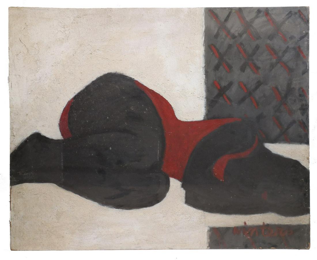 DENNY SONKE WINTERS (NY/CA/ME/MI/MEXICO, 1905-1985): Black Woman Sleeping, monumental oil with sand texture on masonite, signed lower right, unmarked verso other than tape inscribed "Winters Rockport Ma", unframed, 39" x 48". Good condition. Provenance: