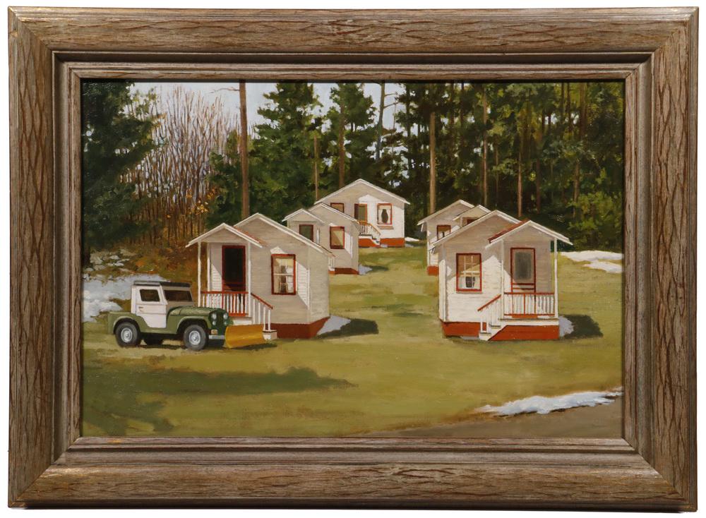 ROBERT SOLOTAIRE (ME/NY, 1930-2008)): "Late Winter", oil on hardboard, signed and titled verso, dated 4 Jan, 2000, depicting Maine cottages and jeep, housed in a weathered gilt oak frame, OS: 16" x 22", SS: 11 1/2" x 17 1/2". Good conditi