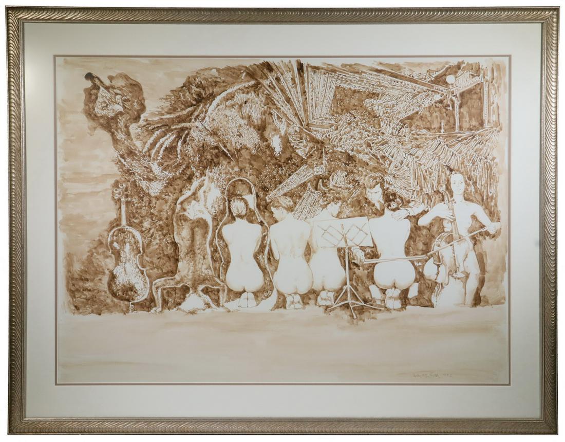 HERBERT FINK (ME/MA/RI, 1921-2006): "Metamorphosis", watercolor, signed lower right and dated 1992, a sepia tone fantastical image of musical instruments becoming musicians, in a metallic painted wooden frame with double mat, , OS: 37 1