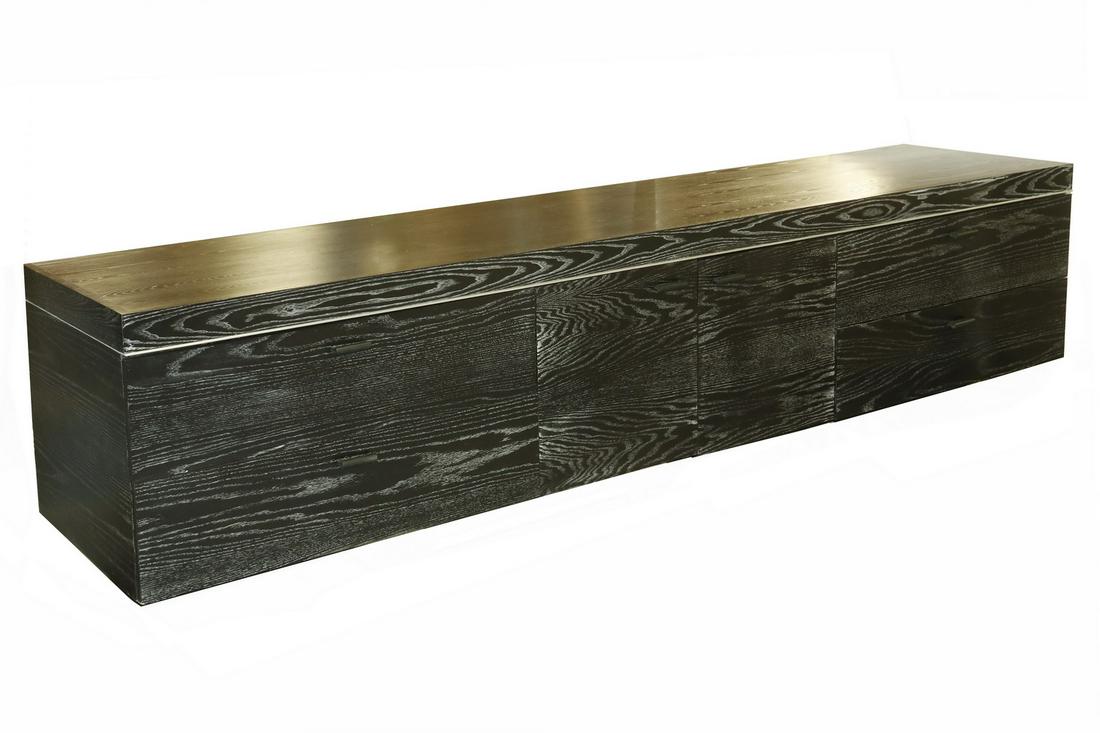 CUSTOM MADE BLACK LACQUERED OAK AND BRUSHED ALUMINUM: Modernist Credenza by unidentified contemporary custom craftsman in long, rectilinear form, with white grain rub in the black finish, having a brushed aluminum intermediate band below the block top, c