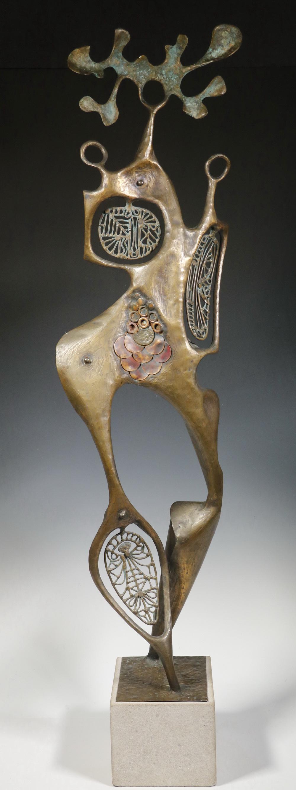 CLYDE BALL (MI, 1929-2017): Abstract Brutalist Standing Figure, cast and patinated bronze, mounted on a sandstone block, signed and dated '77 on the hip, 43" x 10" x 8". Good condition.