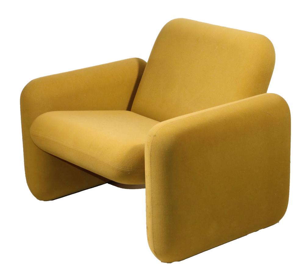 RAY WILKES 'CHICKLET' CHAIR FOR HERMAN MILLER: Modernist Chair in the form of assembled rounded slabs (think Chicklet Gum), in yellow ochre double-stitched wool on a black steel frame, with Herman Miller label, s/n HO5063. Firm cushioning. 16" sea