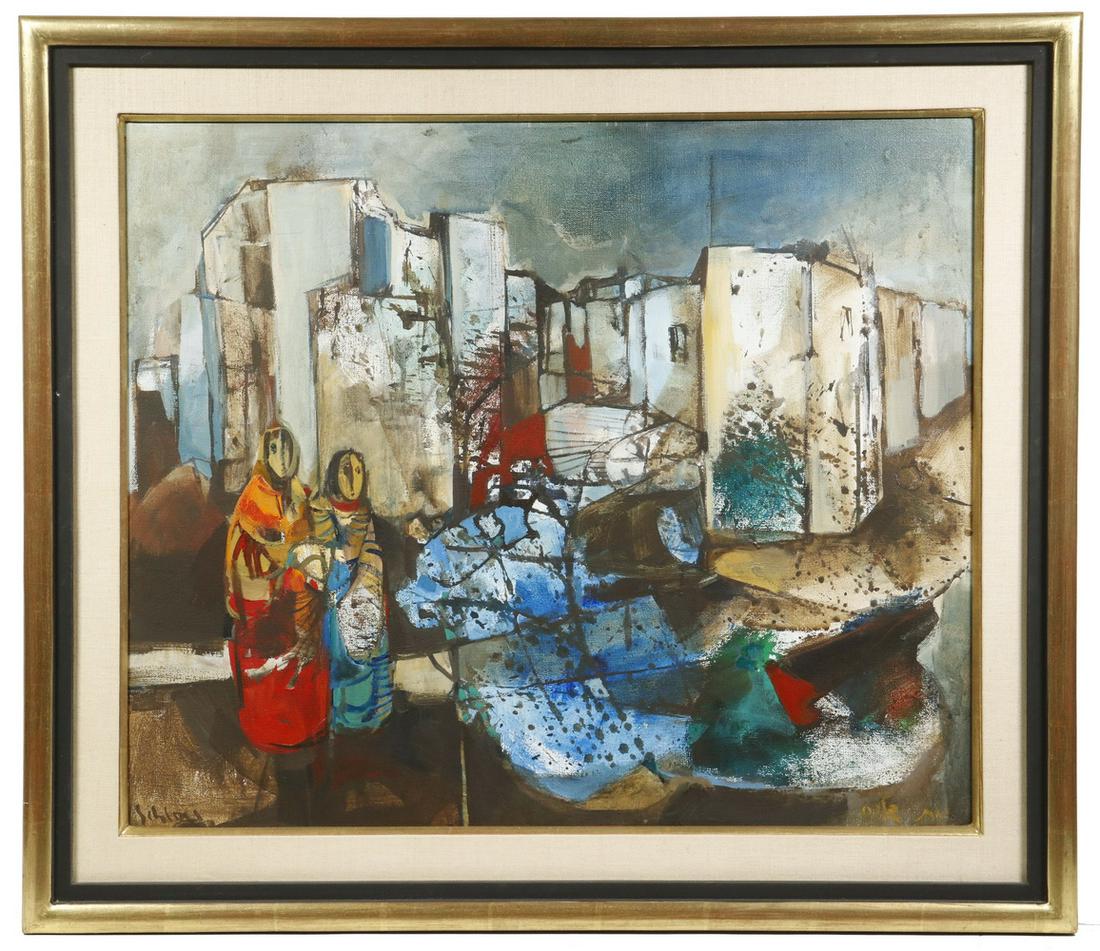 RUTH SCHLOSS (ISRAEL/GERMANY, 1922-2013): Approaching Jerusalem, oil on linen, signed lower left, inscribed in Hebrew lower right, in gilt box frame, black and linen liners, a semi-abstract depiction of an apocryphal couple approaching the wa