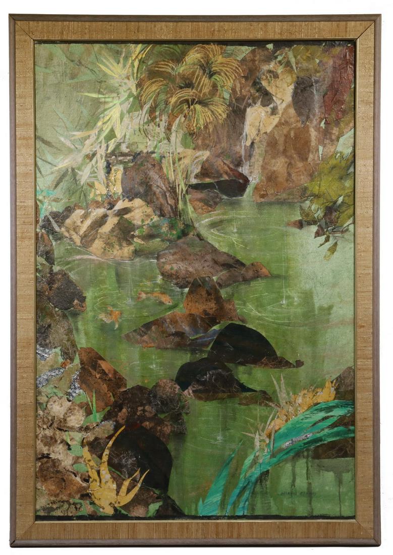 LEONARD BROOKS (MEXICO/CANADA, 1911-2011): "First Rain at San Miguel de Allende", mixed media, acrylic and collage on canvas, signed lower left,; titled, signed and dated 1984 verso, depicting a verdant pool with koi fish, in an oak bullnose f