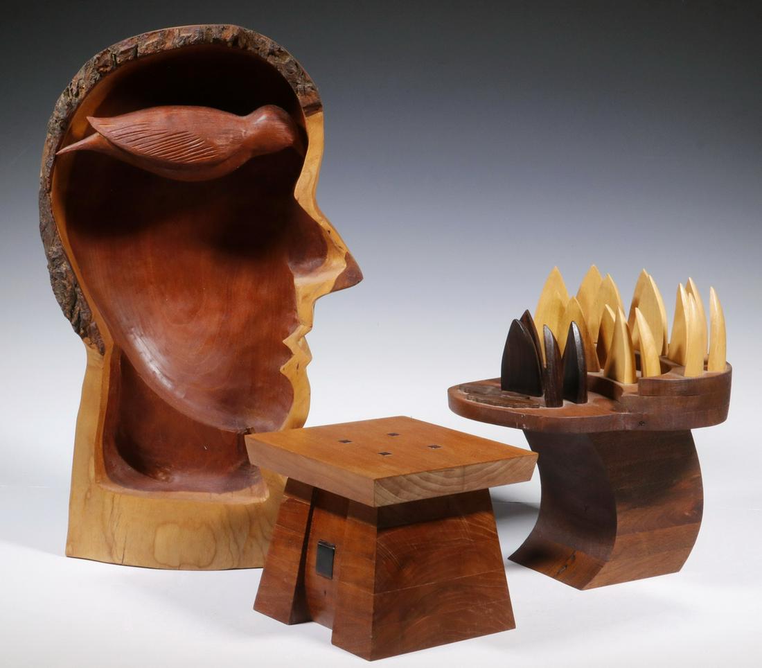 DAN J. PETERMAN (MAINE, CONTEMPORARY), (3) SCULPTURES: Lot of (3) Carved Wood Sculptures, incl: "Bird Brain", base branded with artist monogram, also with title and artist name taped to base, 17" high, 10" x 5 1/4"; "Requiem for Syria", base branded with 