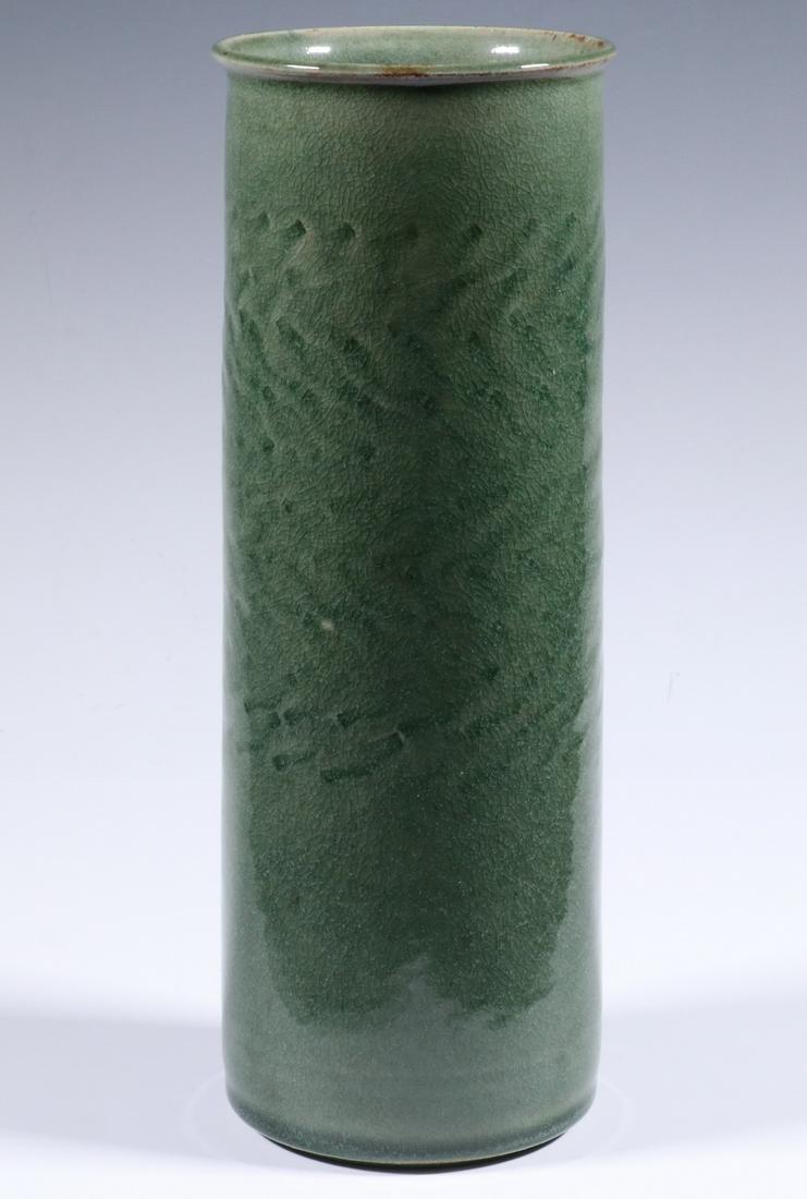 DANISH ART POTTERY VASE BY JACOB & ARNE BANG: Green Glazed Danish Glazed Pottery Vase, by brothers Jacob E. Bang (1899-1965) and Arne Bang (1901-1983), with incised zigzag design, base inscribed 'Jacob', AB, 41, Danmark', 10 3/8" high, 3 3/4" dia