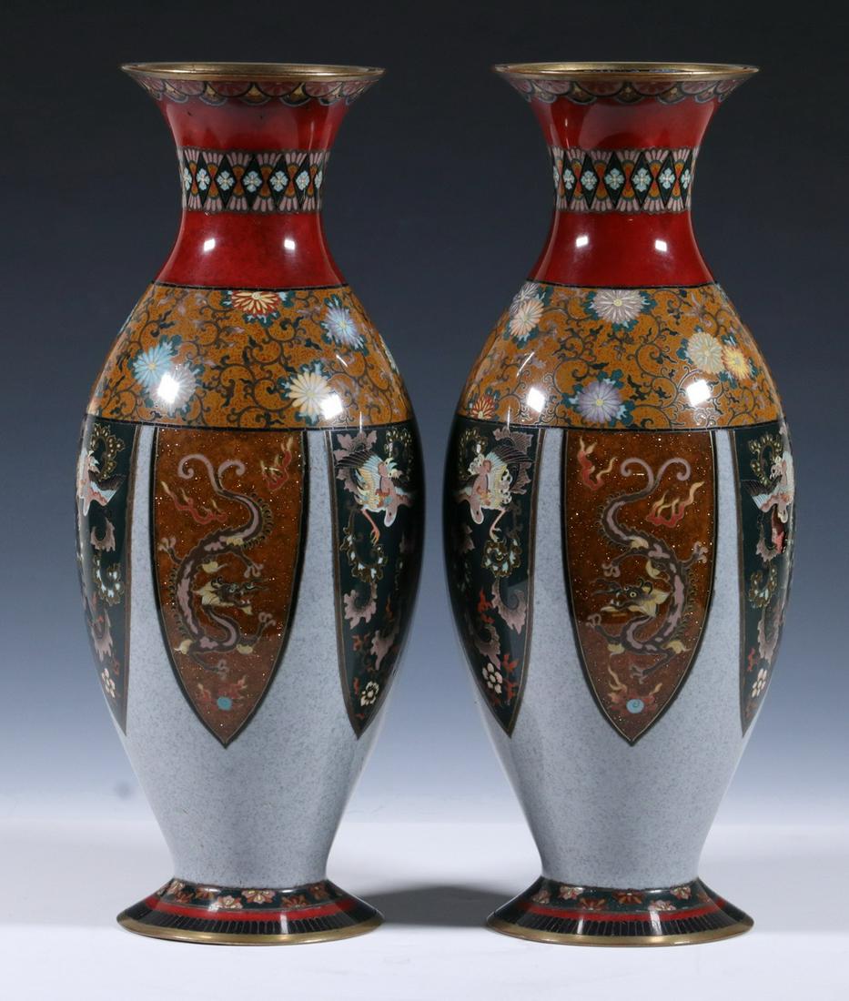 PR JAPANESE CLOISONNE VASES WITH GOLDSTONE: Pair of Meiji Period Baluster Vases, late 19th c., each with dragon, phoenix bird decoration in lappet shape black and goldstone panels above a powder blue ground, floral shoulder band, blue enamel in