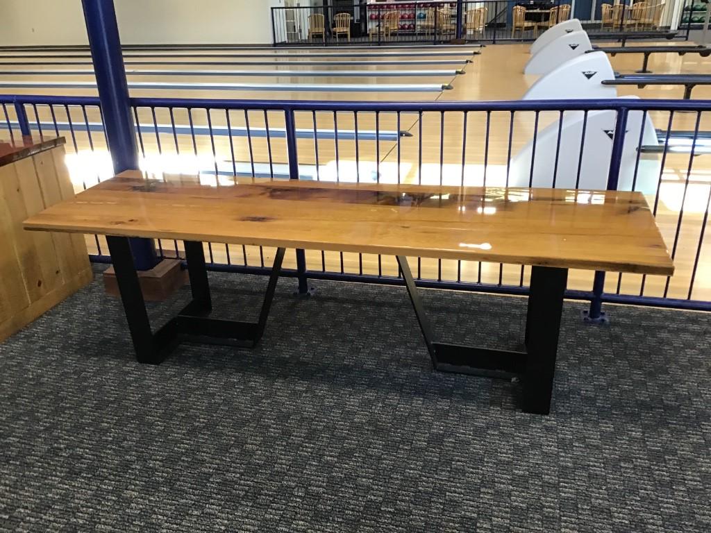 DINING TABLE: Rustic modern dining table with antique oak top and handmade metal base 8â€˜ long x 30â€œ high. Gloss finish.