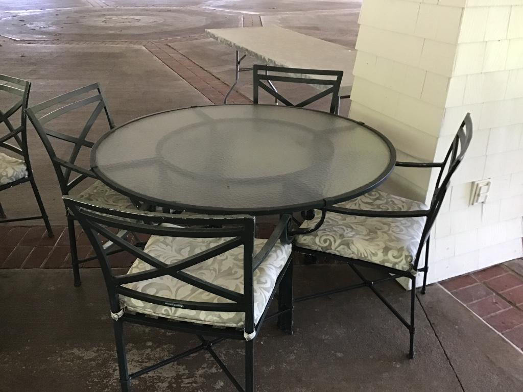BROWN JORDAN PATIO SUITE: Five (5) piece patio suite, includes glass top table and four (4) chairs by Brown Jordan.