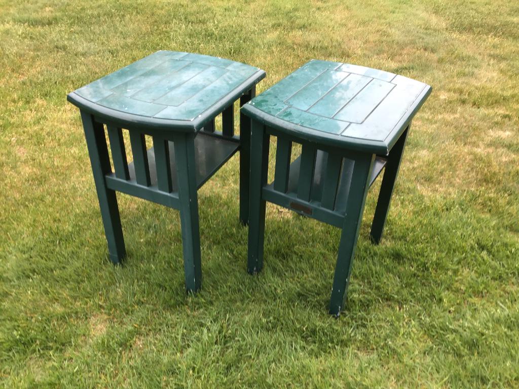 2 WEATHEREND SIDE TABLES: Lot of two (2) Weatherend green enamel side tables with lower shelf and slatted sides