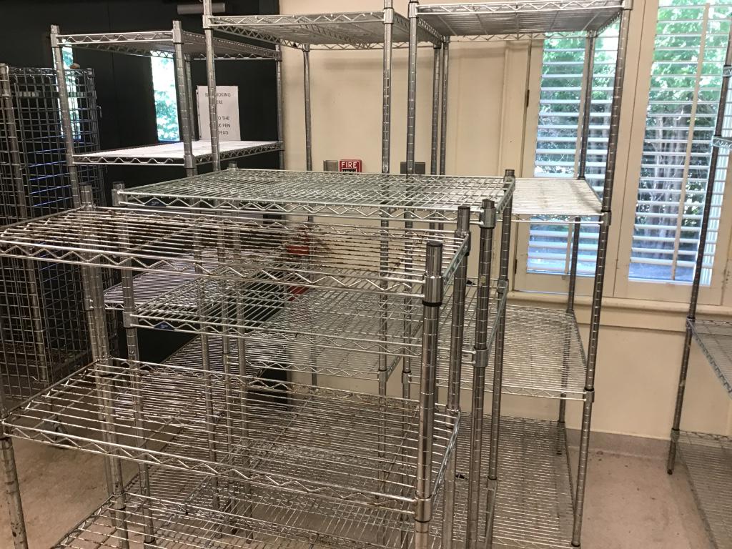 5 WIRE STORAGE SHELVES: Lot of five (5) wire storage shelves, fixed position without wheels, adjustable height shelves