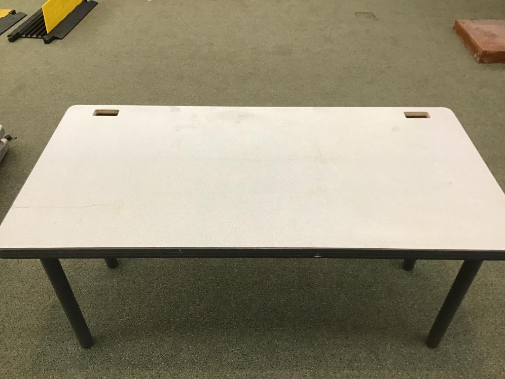 6 WORK TABLES: Lot of six (6) two person heavy duty work tables with four folding tubular legs and knockouts for computer wires.