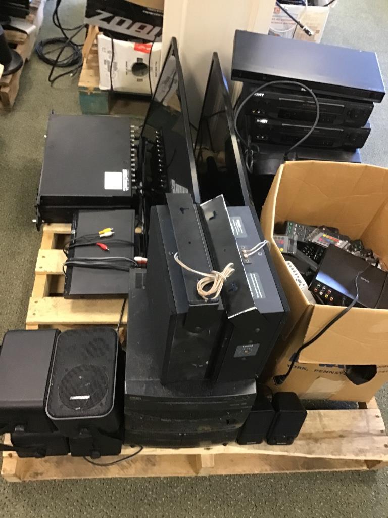 ASSORTED CONSUMER ELECTRONICS: One (1) pallet of consumer electronics, including radio speakers, DVD, VCR, televisions, and remote controls