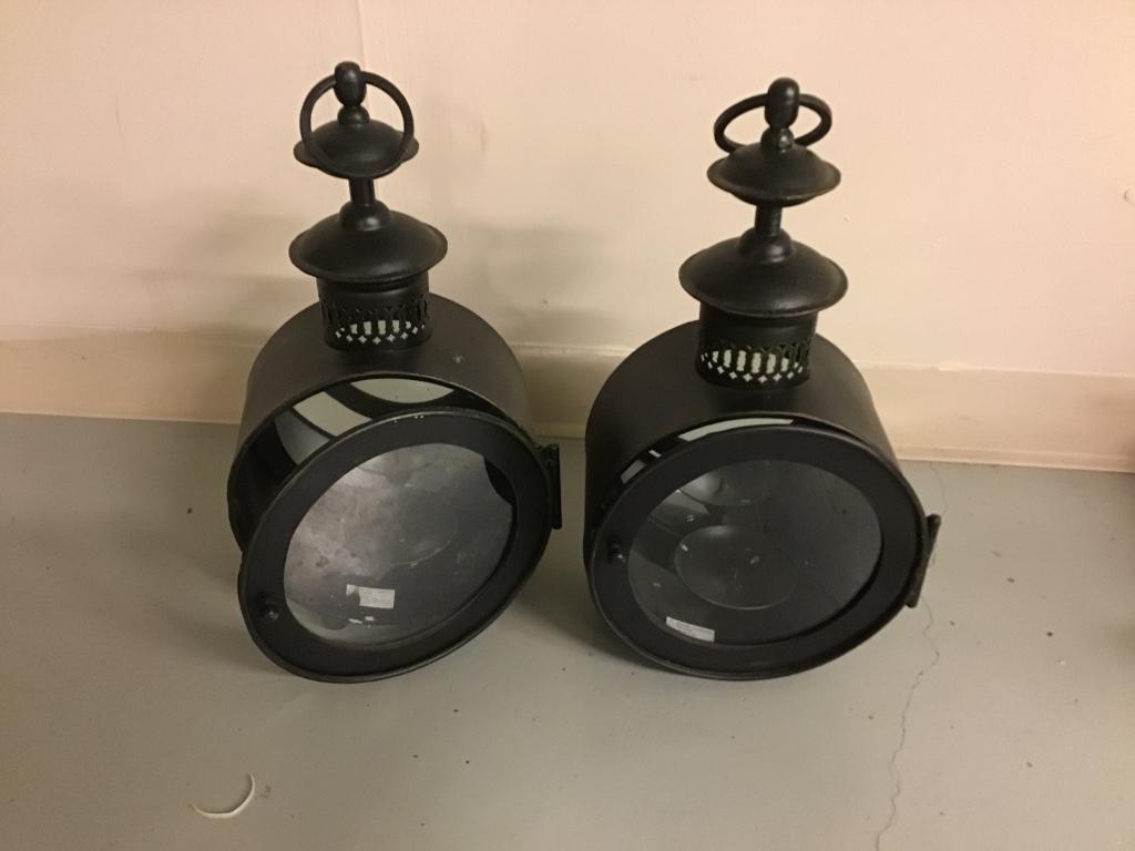 CANDLE LANTERNS: Lot of two (2) antique style driving lamps made to accept pillar candles