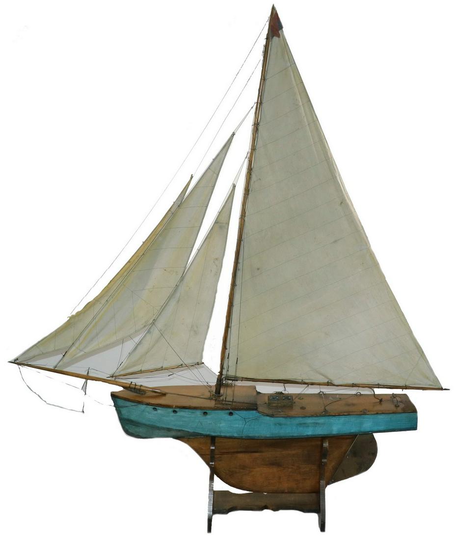 LARGE LATE 19TH C. POND MODEL: Very Large Hollow Green Painted Pine Hull, Schooner Rigged Yacht, with single stepped deck, portholes, deep metal keel, working brass rudder, cotton sails, fully rigged, 63" x 67" x 10" including loos