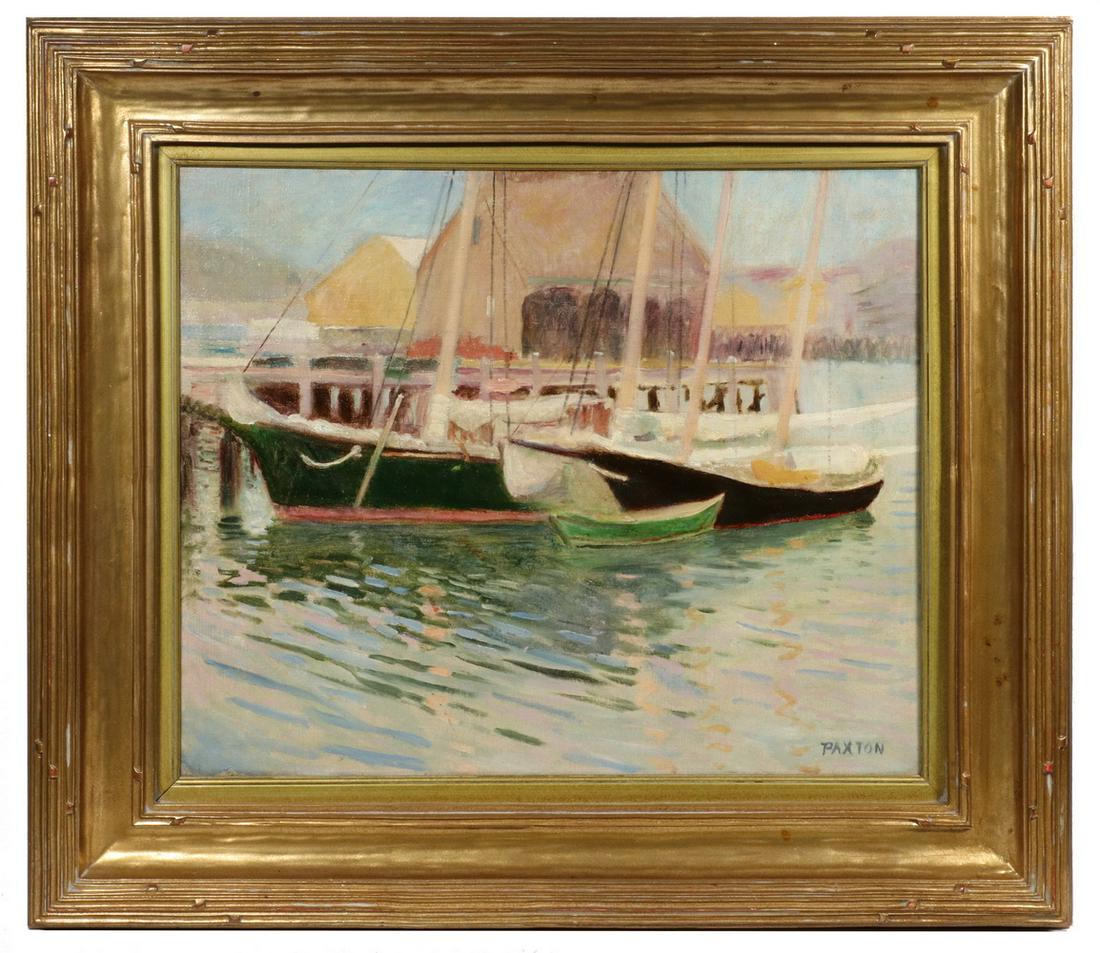 WILLIAM MCGREGOR PAXTON (MA/MD, 1869-1941): Gloucester Harbor, Two Schooners Docked, oil on canvas, signed lower right, housed in a fine Arts & Crafts water gilt molded cove frame, OS: 29" x 33", SS: 19 1/2" x 23". Very good condition. Provenan